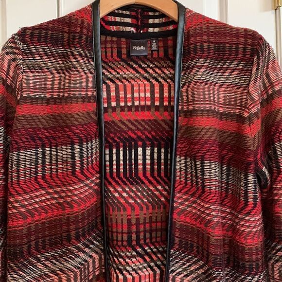 ‎Cardigan long sweater Aztec Geo Print women’s Medium faux leather trim - Picture 2 of 7